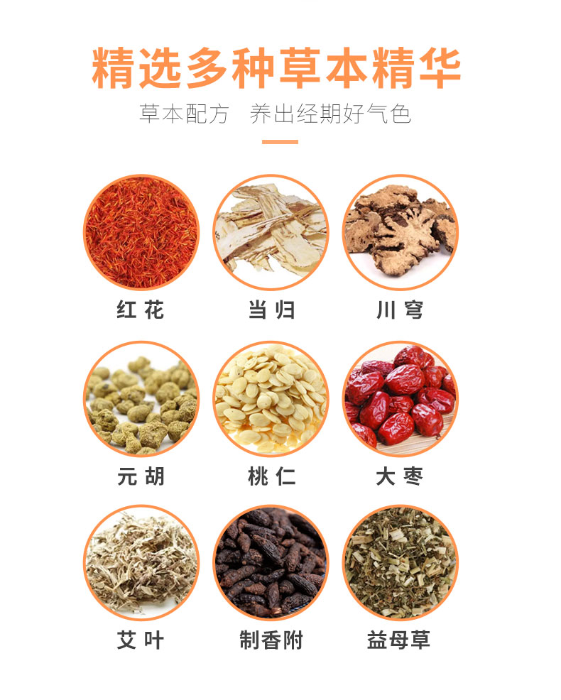 紅花、當(dāng)歸、益母草等數(shù)十味草本萃取