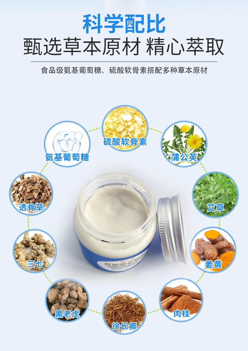科學(xué)配比，甄選草本原材精心萃取，食品級(jí)氨基葡萄糖、硫酸軟骨素搭配多種草本原材